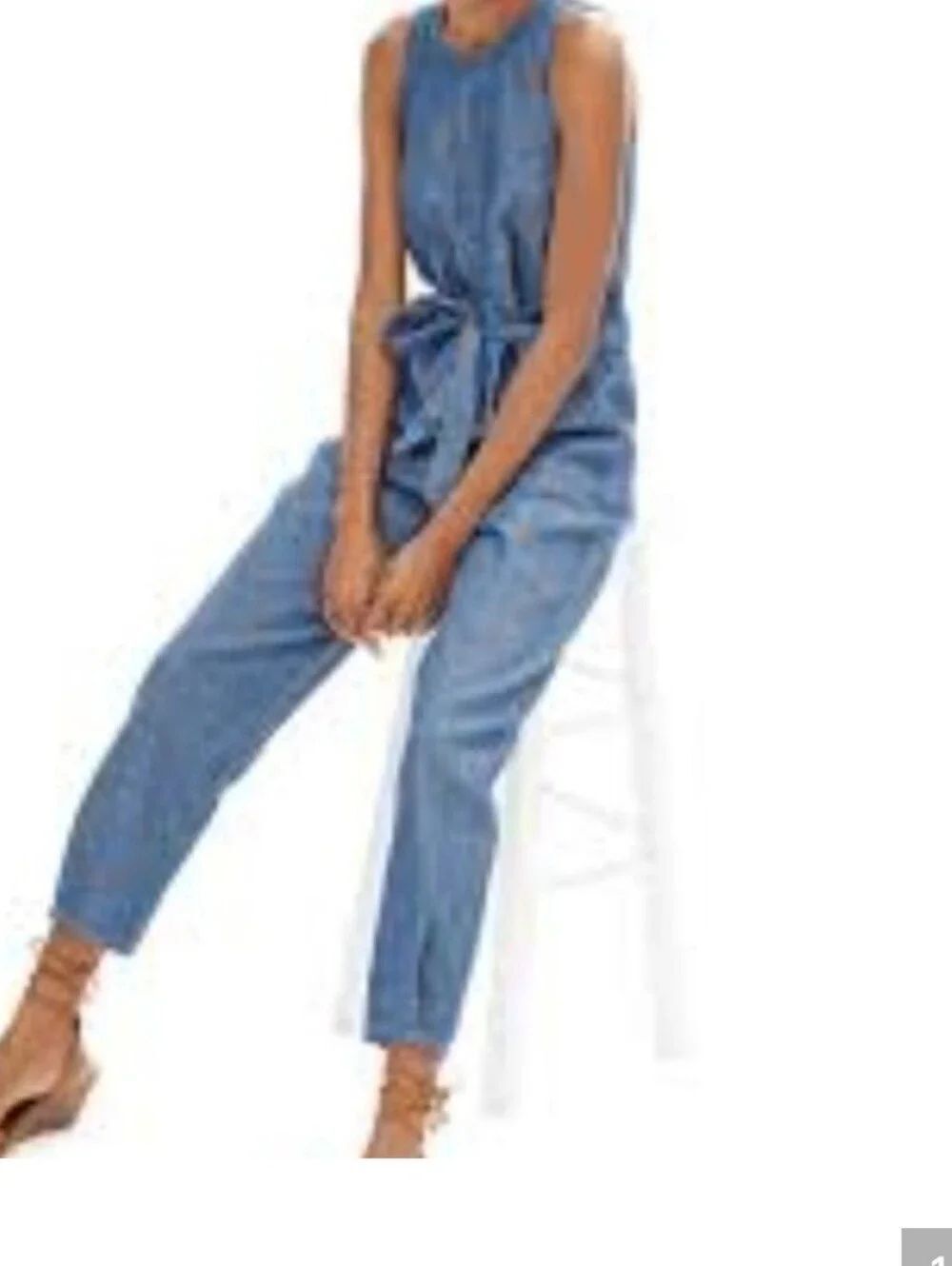 GAP Light Blue Denim Ankle Jumpsuit with Waist Tie XS